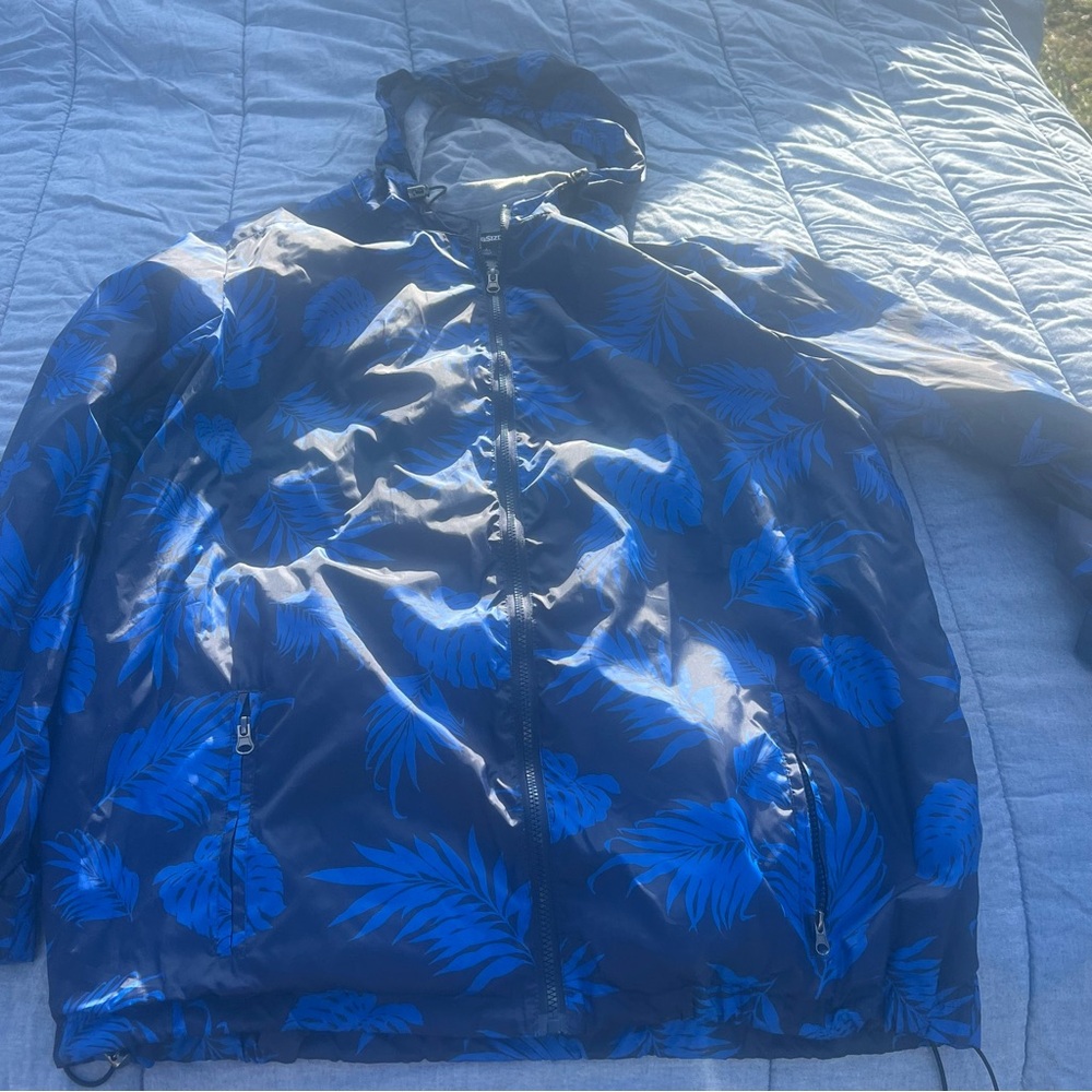 KingSize Navy/Blue Tropical Print Windbreaker Jacket Drawstring Size Large Tall